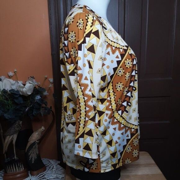 Linea By Louis Dell’Olio Yellow Brown Black Motif V-neck Blouse 2X - Picture 5 of 11